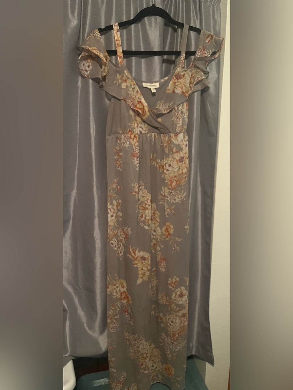 Jessica Simpson Taupe Floral Ruffle Maxi Dress